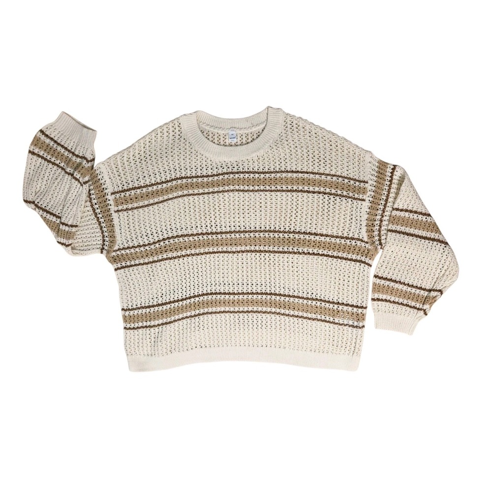 Old Navy Open Knit Cream Brown Striped Slouchy Boxy Cotton Sweater 3X NWOT